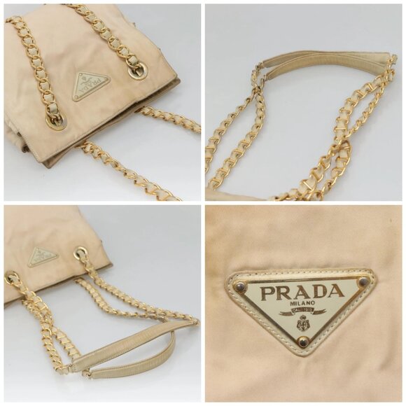 PRADA Chain Shoulder Bag Nylon Beige Gold Auth SW1015 - Picture 16 of 16